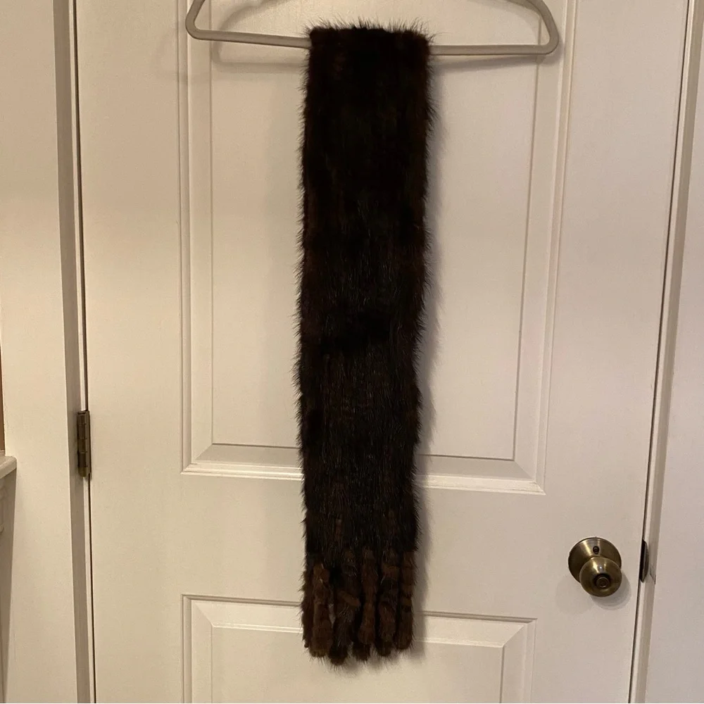 SCARF BROWN MINK FUR LONG RECTANGLE FRINGE ENDS SOFT LUXURY MOB WIFE